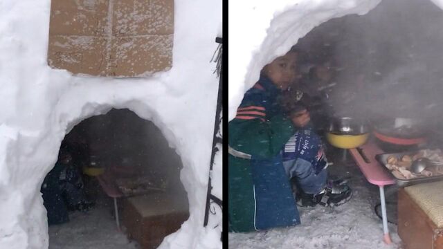 爸爸用积雪建雪屋,备好食材带娃进雪屋吃火锅,网友直呼有创意