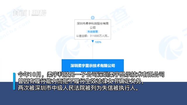 30秒丨柔宇科技又一子公司欠款数千万成失信被执行人