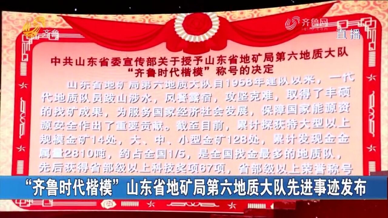 省委宣传部授予山东省地矿局第六地质大队“齐鲁时代楷模”称号