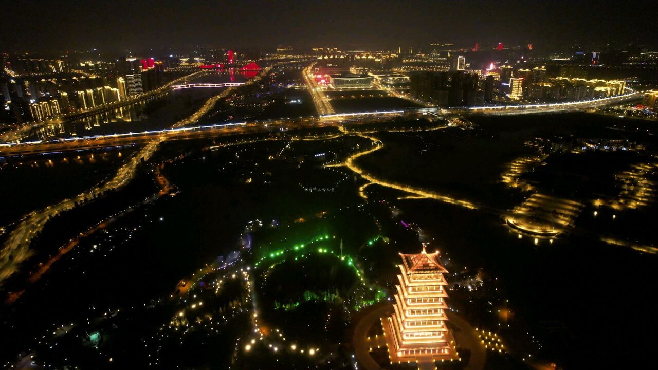 航拍西安浐灞生态区美景夜拍一角