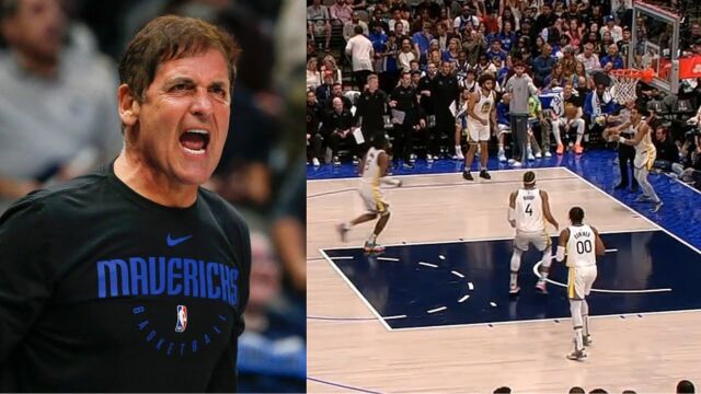 马克ⷥ𚓧�Mark Cuban) 抨击NBA裁判,因为勇士队在球场错误的一侧与小牛队大开扣篮!