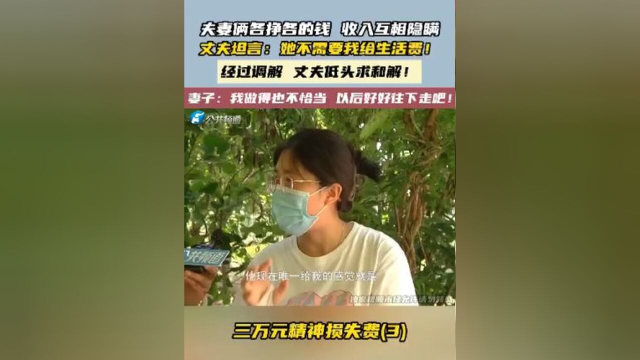 夫妻俩各挣各的钱 收入互相隐瞒 丈夫坦言:她不需要我给生活费!经过调解 丈夫低头求和解!