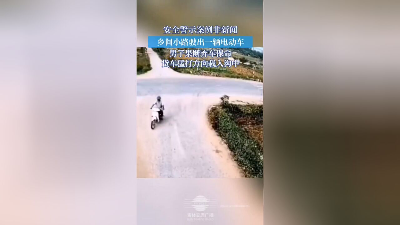 乡间小路驶出电动车,男子果断弃车保命,货车猛打方向栽入沟中