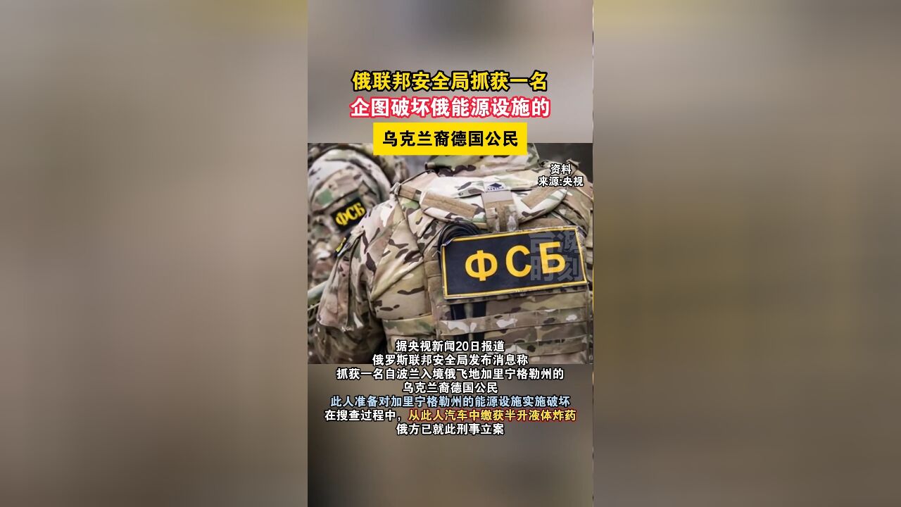 俄联邦安全局抓获一名企图破坏俄能源设施的乌克兰裔德国公民