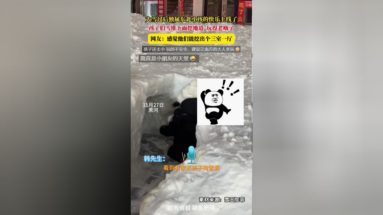 大雪过后独属东北小孩的快乐上线了,孩子们雪堆下面挖地道,玩得老嗨了,网友:感觉他们能挖出个三室一厅