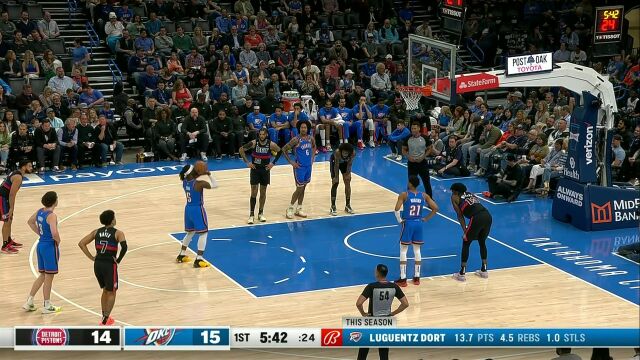  NBA常规赛：活塞vs雷霆第1节英文原声回放