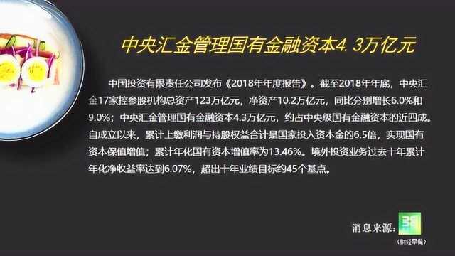 中央汇金管理国有金融资本4.3万亿元