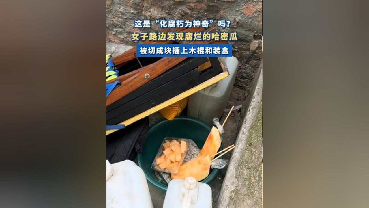 女子路边发现腐烂哈密瓜被切成块插上木棍 这是“化腐朽为神奇”吗