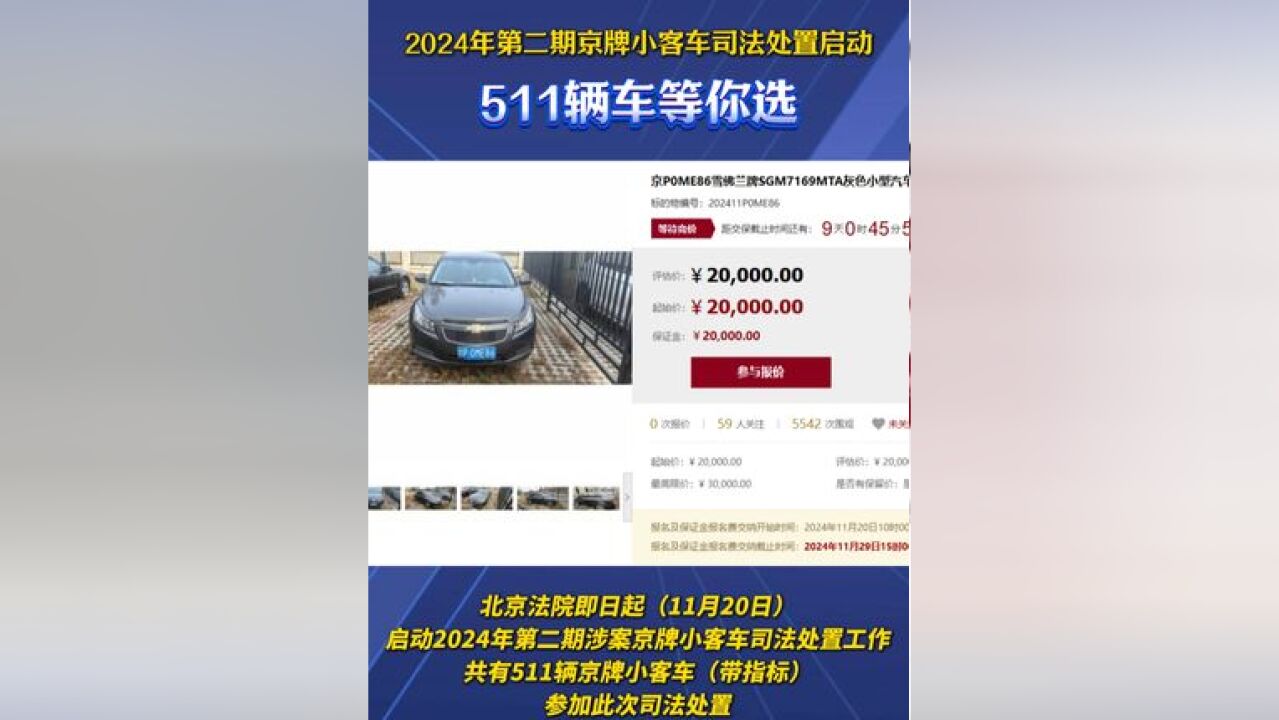 北京法院即日起启动2024年第二期涉案京牌小客车司法处置工作,共有511辆京牌小客车参加此次司法处置