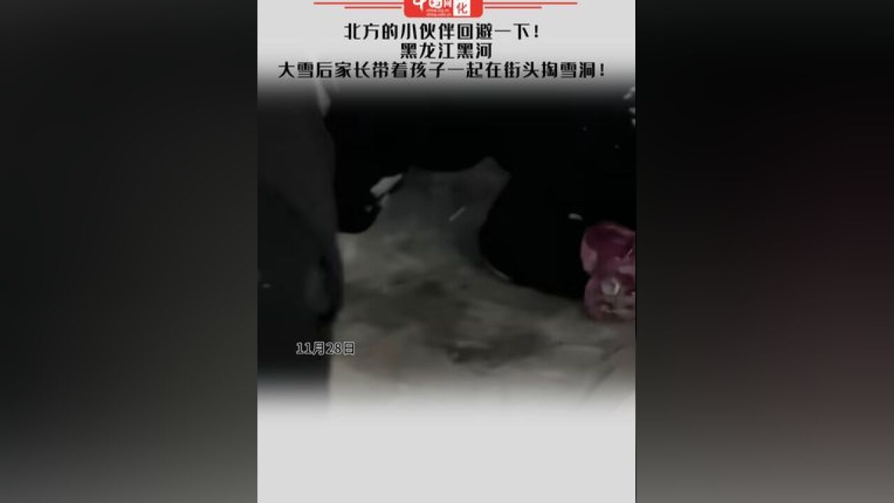 北方的小伙伴回避一下!黑龙江黑河,大雪后家长带着孩子一起在街头掏雪洞!