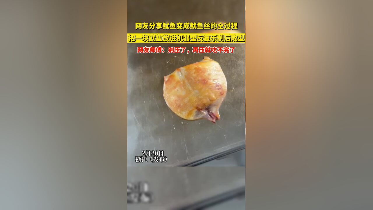 网友分享鱿鱼变成鱿鱼丝的全过程,把鱿鱼放进机器里反复制后成型