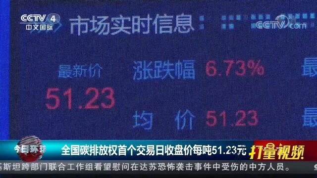 全国碳排放权首个交易日收盘价每吨51.23元