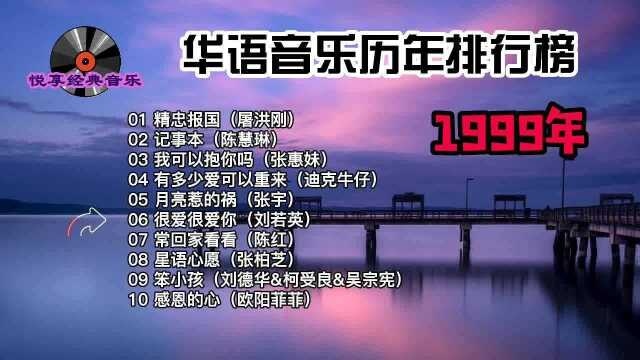 华语音乐年度排行榜1999年《精忠报国》《记事本》《我可以抱你吗》《月亮惹的祸》《很爱很爱你》《星语心愿》《笨小孩》《感恩的心》