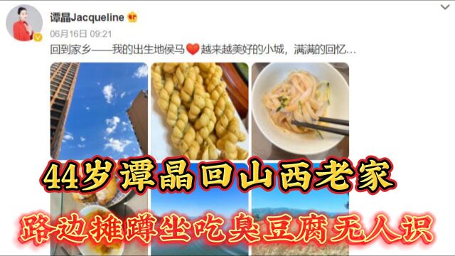 44岁谭晶回山西老家,路边摊蹲坐吃臭豆腐,不戴口罩也无人认识