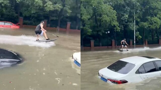 暴雨过后水深1米2,查看导航需绕路3公里,男子冲浪赶着去上班