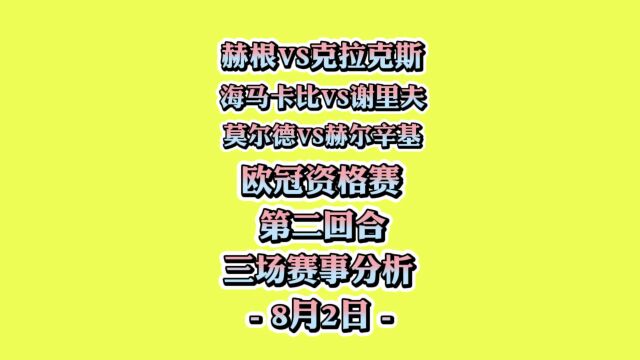 欧冠资格赛!赫根vs克拉克斯!莫尔德vs赫尔辛基!海马卡比vs谢里夫!赛事分析!