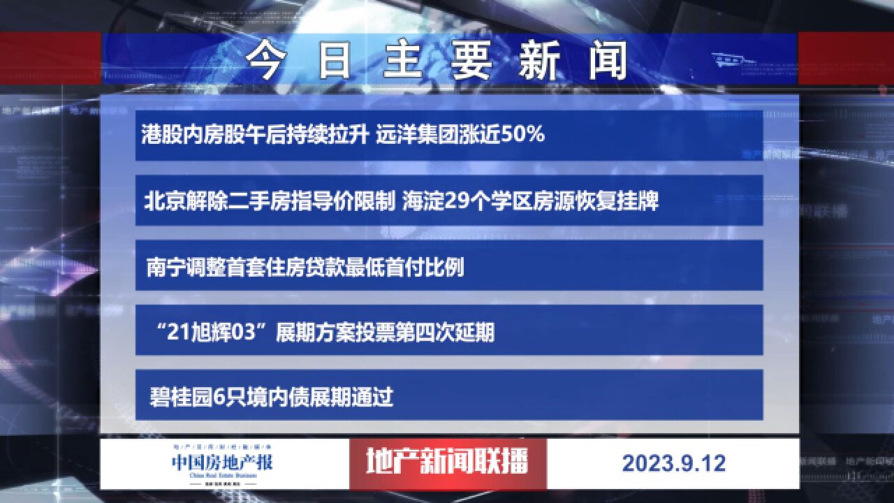 地产新闻联播丨港股内房股午后持续拉升 远洋集团涨近50%