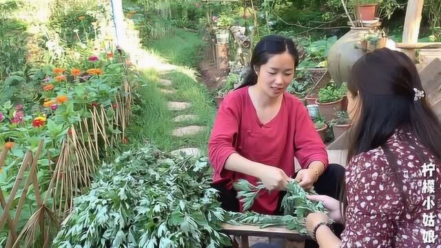 姑娘在山上发现一大片野生艾草,割一大捆回家,晾干来熏蚊子