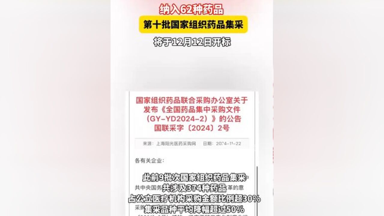 第十批国家组织药品集采将于12月12日开标,将纳入62种药品