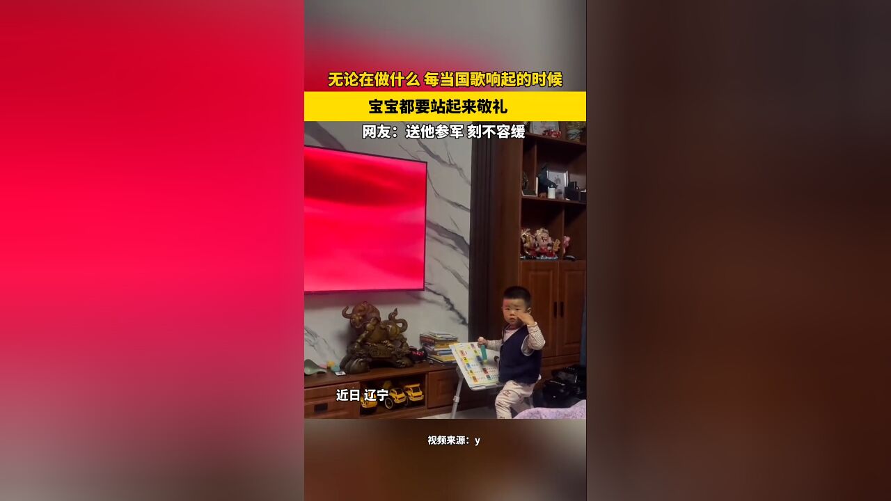 无论在做什么 每当国歌响起的时候 宝宝都要站起来敬礼