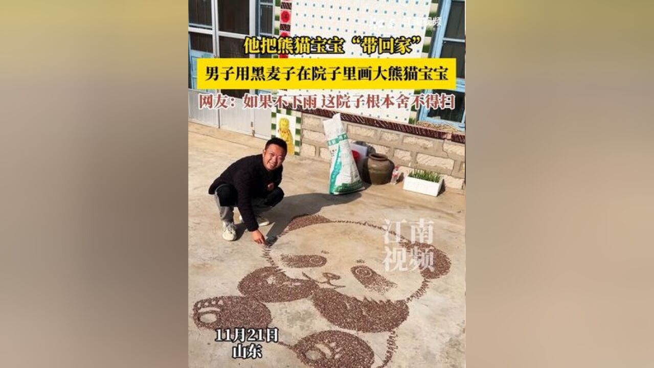 他把熊猫宝宝“带回家”,男子用黑麦子在院子里画大熊猫宝宝,网友:如果不下雨 这院子根本舍不得扫