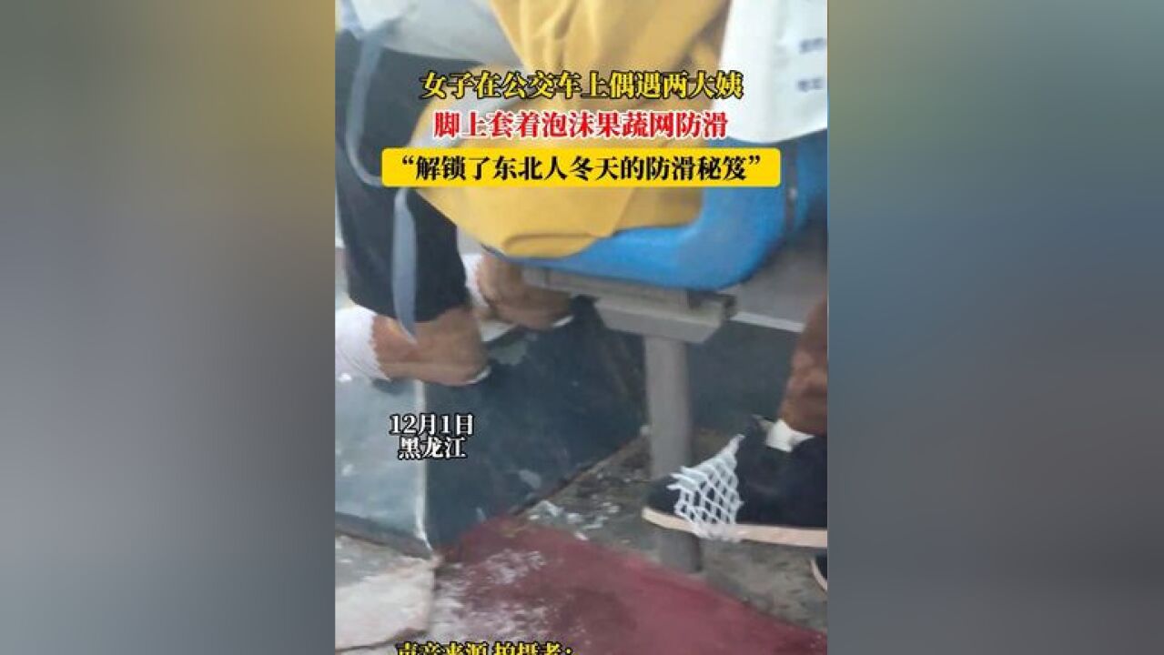 女子在公交车上偶遇两大姨,脚上套着泡沫果蔬网防滑,“解锁了东北人冬天的防滑秘笈”