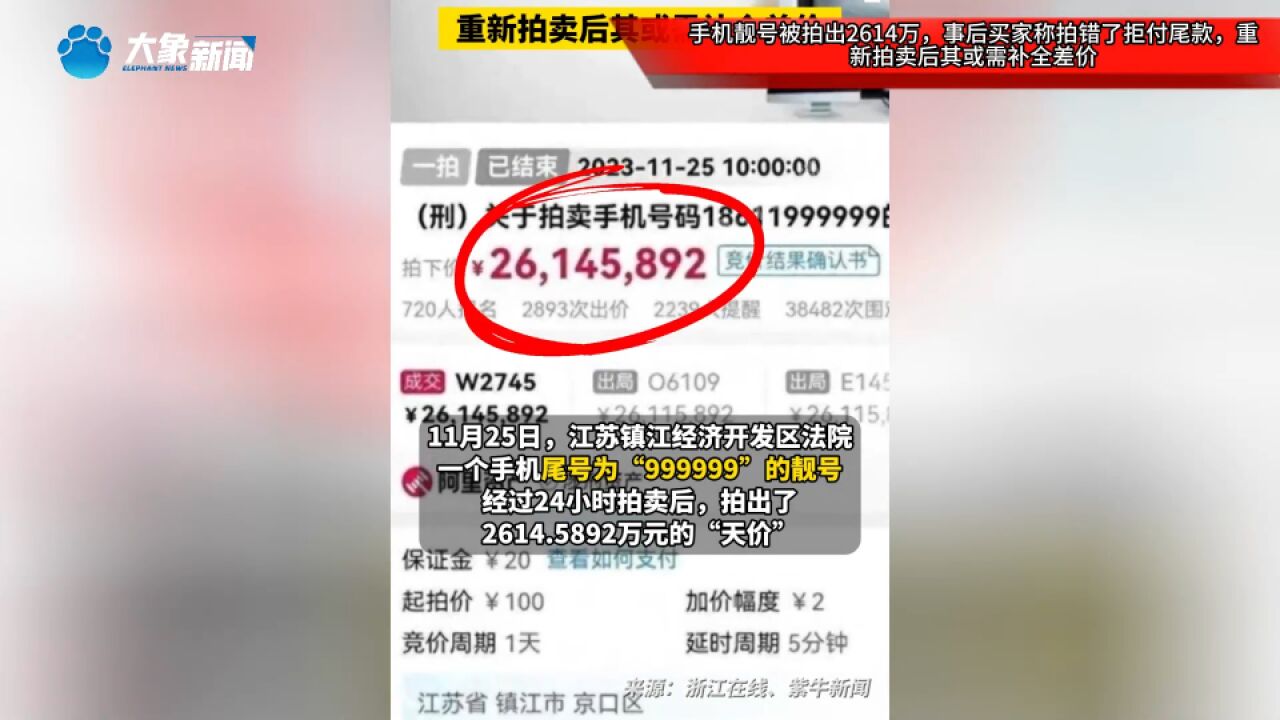 手机靓号被拍出2614万,事后买家称拍错了拒付尾款,重新拍卖后其或需补全差价