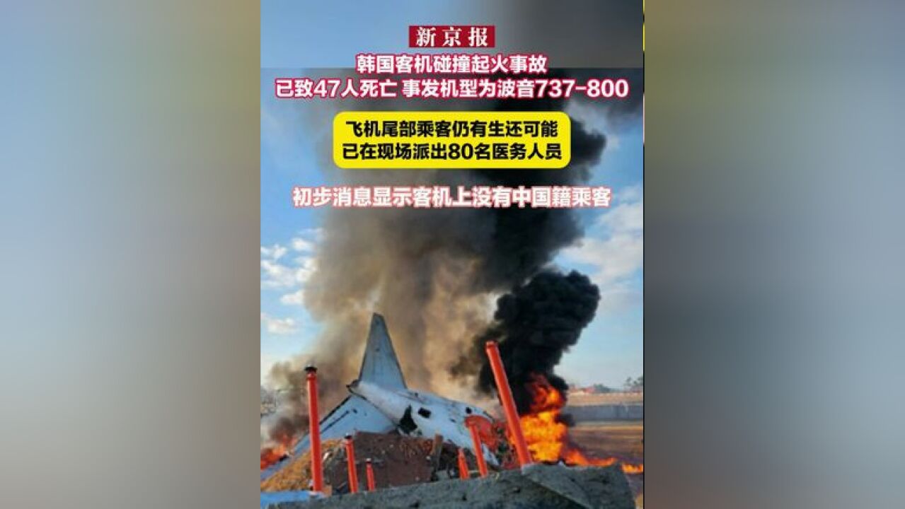 韩国客机碰撞起火事故已致47人死亡 事发机型为波音737800 飞机尾部乘客仍有生还可能 已在现场派出80名医务人员 初步消息显示客机上没有中国籍乘客