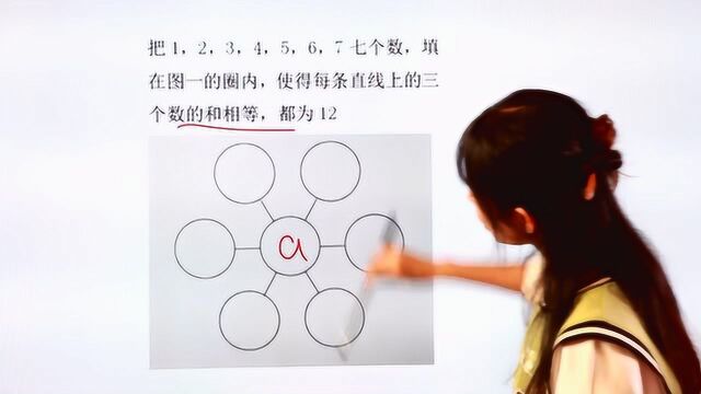 小学竞赛:把7个数字填在圆圈内,使得直线上的三个数的和相等