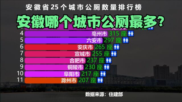 安徽25个城市公厕数量排行榜,省会合肥仅排第8,看看第一名是谁?