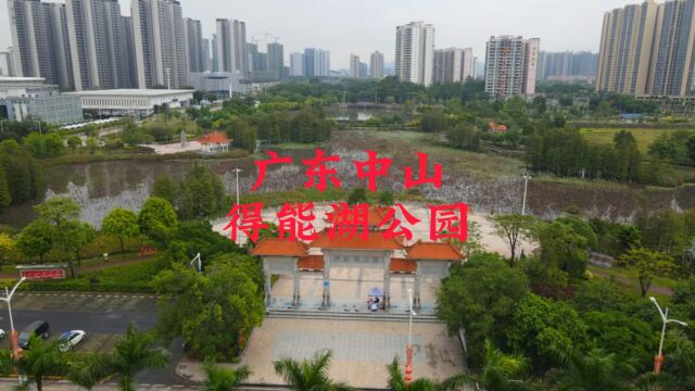 航拍广东中山火炬得能湖公园风景