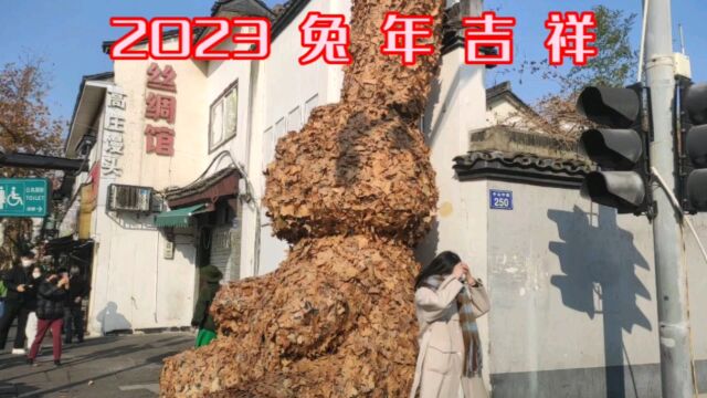 街角惊现4米高落叶雕塑大兔子,行人纷纷合影祈福新年!