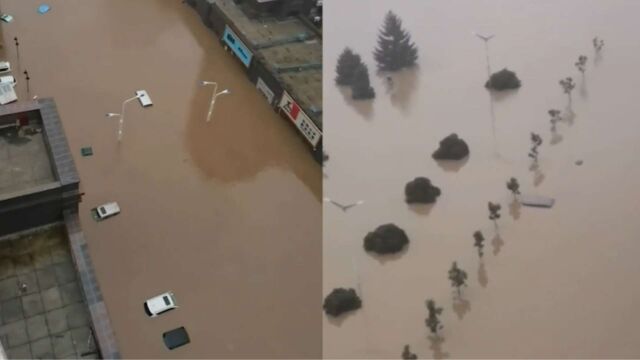 黑龙江尚志市河水漫堤造成内涝,水没过车顶,道路被淹仅剩树冠