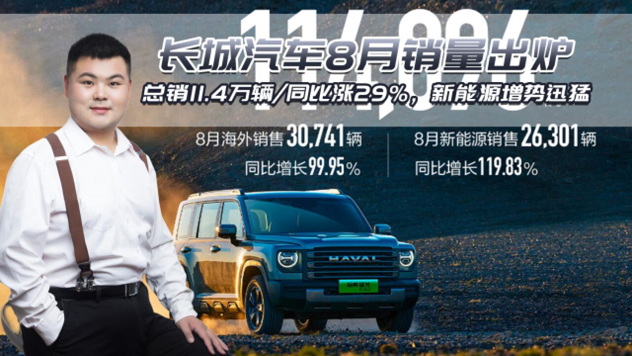 长城汽车8月销量出炉:总销11.4万辆/同比涨29%,新能源增势迅猛