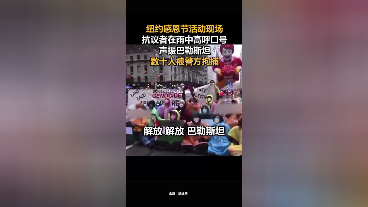 纽约感恩节活动现场,抗议者在雨中高呼口号声援巴勒斯坦,数十人被警方拘捕