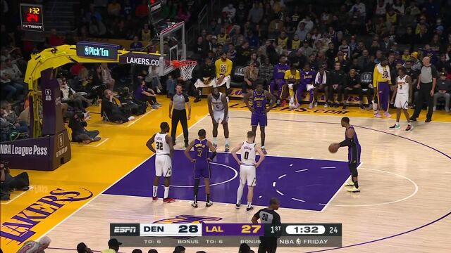 NBA常规赛：掘金vs湖人第1节英文原声回放