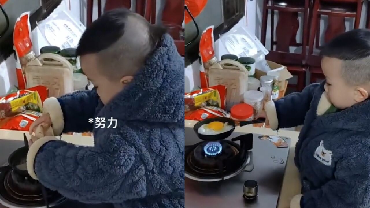 3岁半的弟弟煎鸡蛋!晚自习回家的姐姐看傻眼:人还没有灶台高