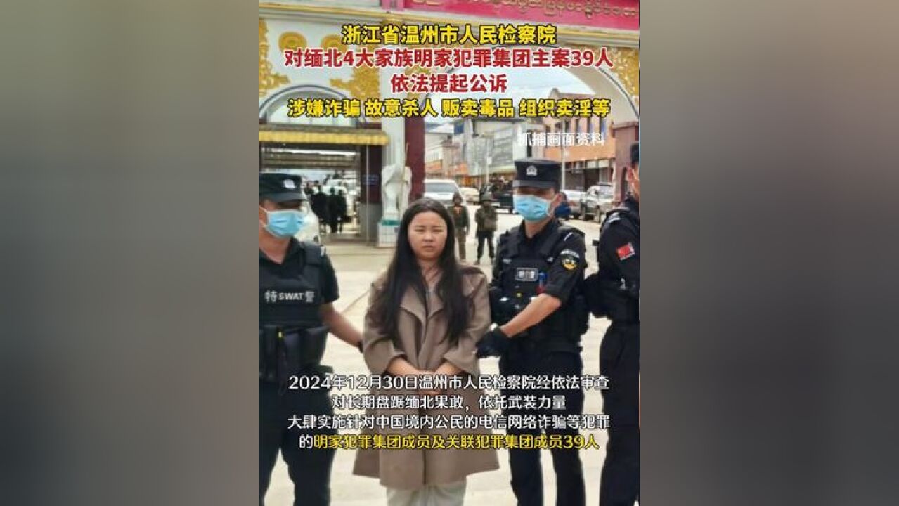 浙江省温州市人民检察院对缅北4大家族明家犯罪集团39人主案依法提起公诉,涉嫌诈骗罪、故意杀人罪、贩卖毒品罪、组织卖淫罪等