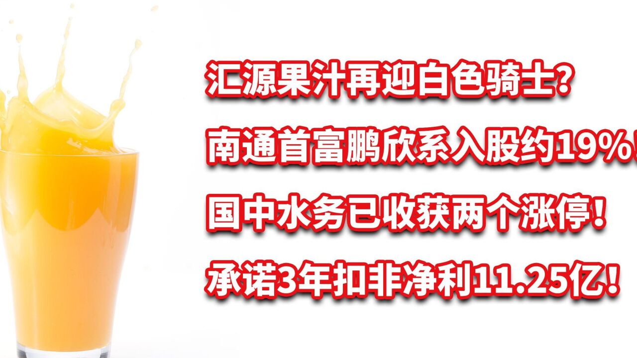 汇源果汁迎南通首富鹏欣系,入股约19%!承诺3年扣非净利11.25亿