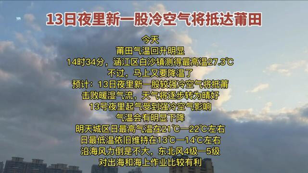 【友情提示】13日夜里,新一股冷空气将抵达莆田,天气转好,降温明显!#莆仙方言 #天气预报