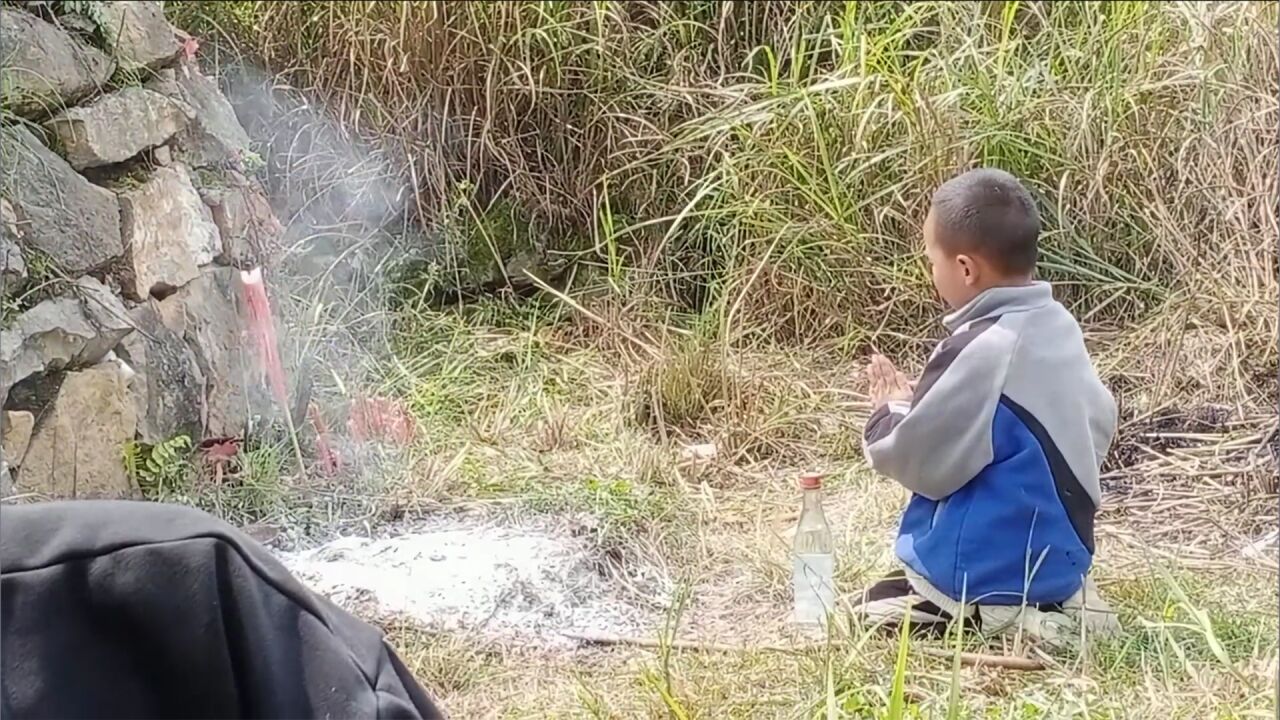 清明节男孩随家长给奶奶扫墓,跪求奶奶保佑不写作业不挨打、每次都考100分