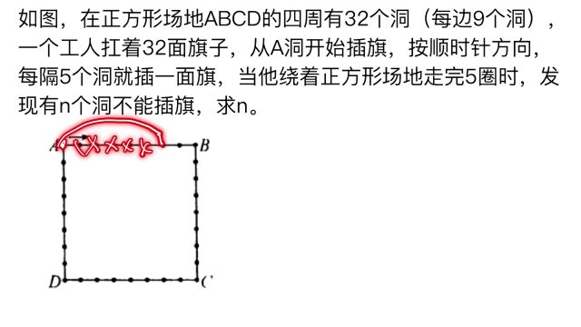 正方形场地有32个洞,每边9个洞,会有多少个洞不能插旗子呢