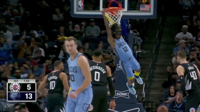 快船vs灰熊五佳球 莫兰特两献精彩暴扣 威斯布鲁克篮下1v3
