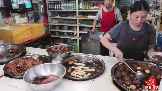 山东甏肉干饭,4大盆炖肉中午卖光,1块3两,细绳绑肉入口即化