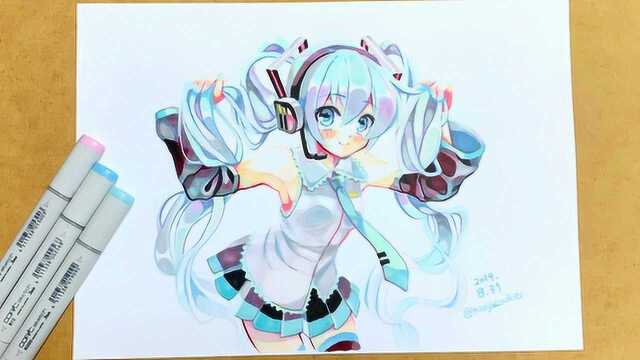 国外画师用马克笔绘制的初音插画!用的还是难度很高的“没骨法”