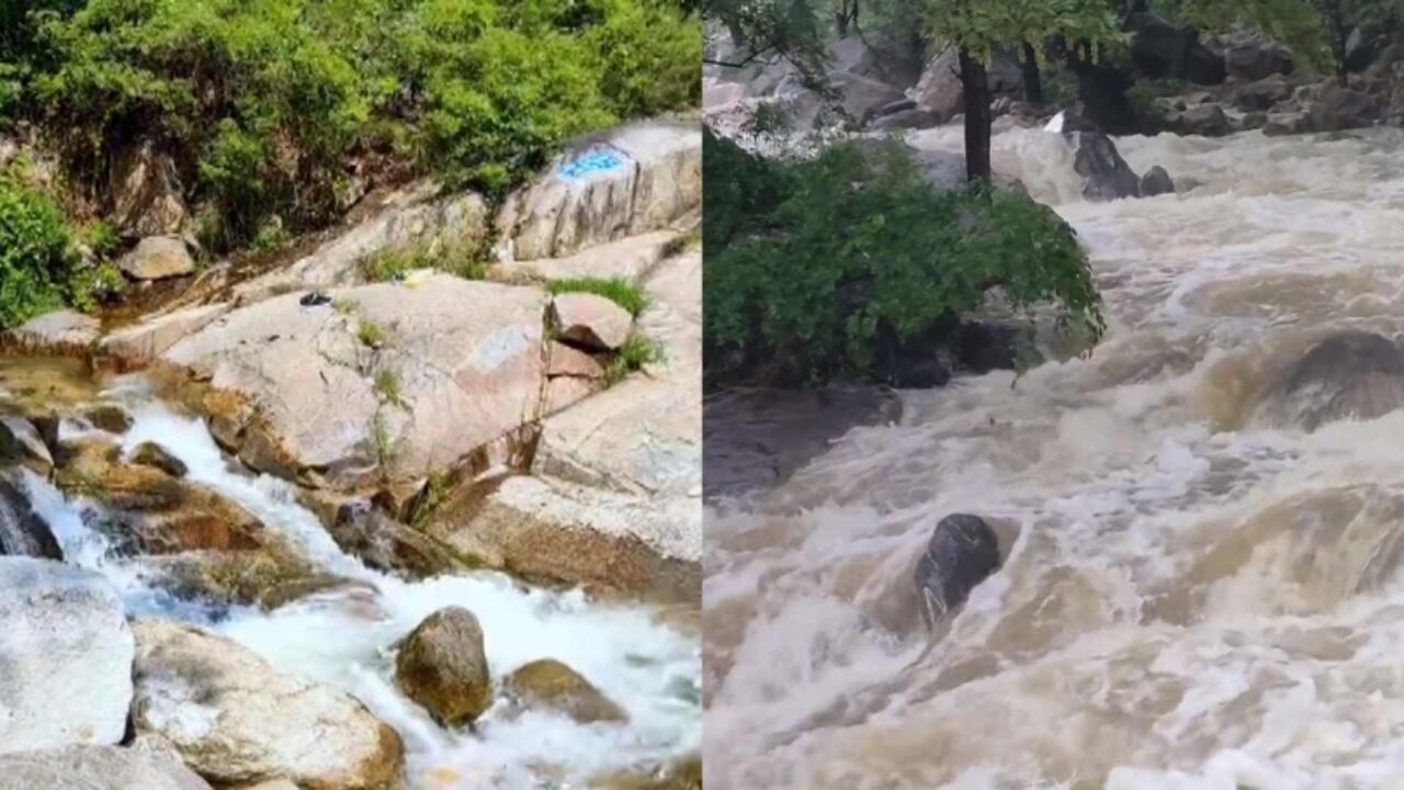 山东临沂百花峪景区山洪暴发前后对比:从河水清澈见底,到洪水波涛汹涌