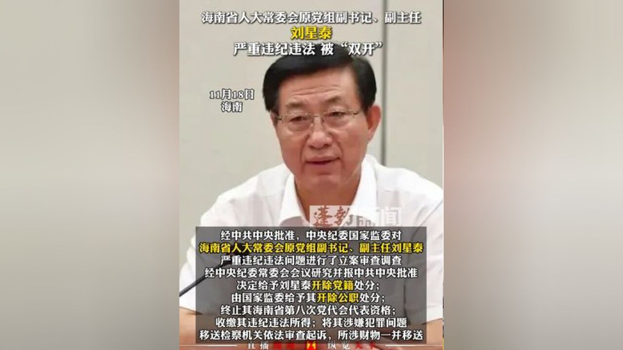 海南省人大常委会原党组副书记、副主任刘星泰,严重违纪违法 被“双开”