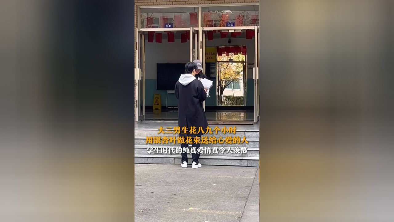 大三男生花八九个小时 用银杏叶做花束送给心爱的人 学生时代的纯真爱情真令人羡慕