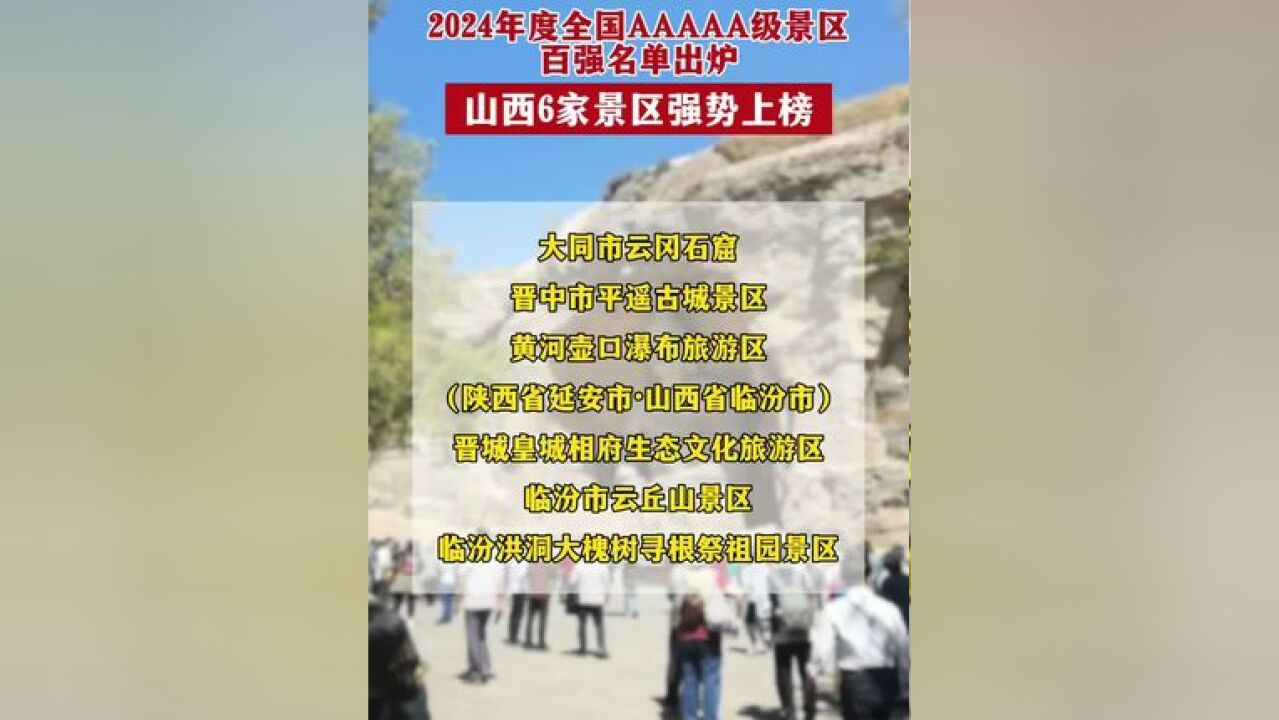 2024年度全国AAAAA级景区百强名单出炉,山西6家景区强势上榜