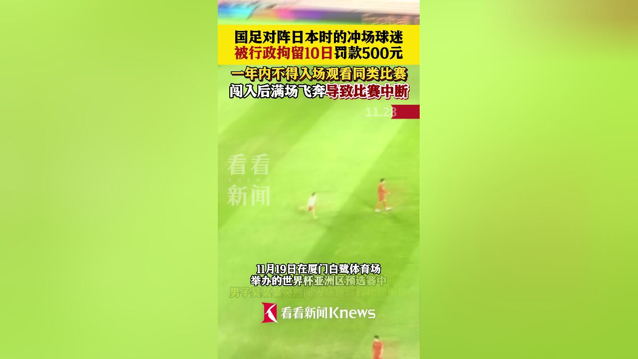 国足对阵日本冲场球迷被拘10日 罚款人民币500元